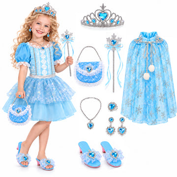 Wonderstone Princess Dress Up for Girls, Toddler Dress Up with Shoes Kids Princess Toys Jewelry Boutique Kit, Pretend Beauty Birthday Gifts for 3 4 5 6 Year Old Girls, Blue