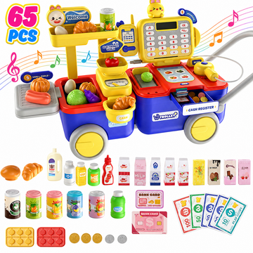 WonderStone 67pcs 2 in 1 Kids Cash Register, Large Storage Pretend Play Store with Smart Recognition, Electronic Shopping Cart with Voice Reporting,Play Food&Money,Learning Toy for Toddlers 3+, Red