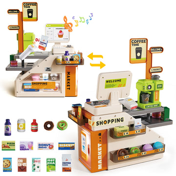 JoyStone Pretend Play Store with Scanner and Calculator, Coffee Machine, Credit Card, Paly Money, Play Food for Toddlers, Gifts for Boys and Girls Age 3+