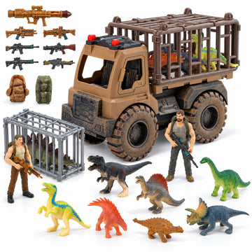 WonderStone Dinosaur Carrier Truck, Transport Vehicle with Army Soldier Toys and 8 Dinosaurs, Push-and-Go Toy Car, Gift for Boys and Toddlers Ages 3-8