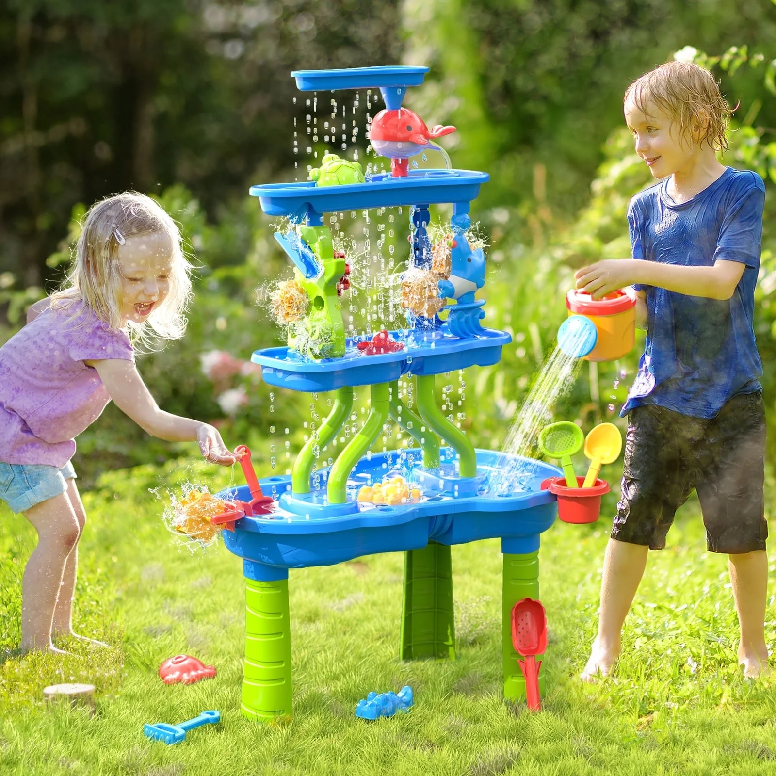 JoyStone Kids Sand Water Table for Beach, 4-Tier Water Activity Tables with Water Pump, Activity Sensory Play Table Toys for Toddlers, Summer Gift Toys for Outside Backyard for Kids