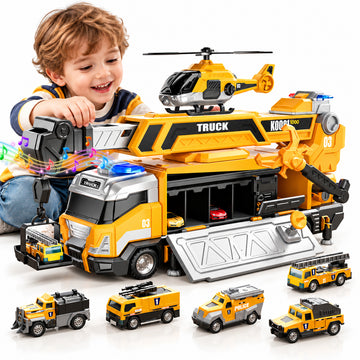 WonderStone Kids Construction Truck Playset with Lights & Sound, Adjustable Rotatable Lifting Arm, 6 Mini Cars & Helicopter, Educational Pretend Play Gift for Boys Girls Age 2-6