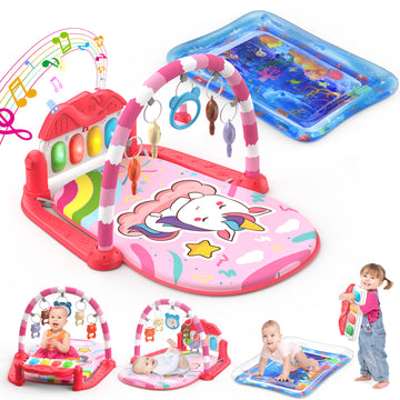 2 in 1 Baby Gym Playmat, Tummy Time Water Mat with 5 Infant Sensory Toys & Play Piano, Boys and Girls Newborn Gift 0-12 Month (Blue)