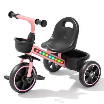 JoyStone Toddler Tricycle for Ages 1-4 Years, Kids Trike Toddler Bike with Cool Lights, Adjustable Seat & Basket, Pink