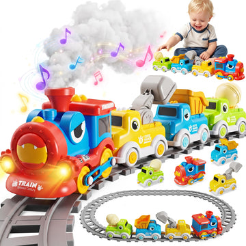 WonderStone Dinosaur Electric Train Set, Train Track Toys with Steam, Light-Up and Sound Effects, Magnetic Car Toys Christmas Birthday Gifts for Toddlers