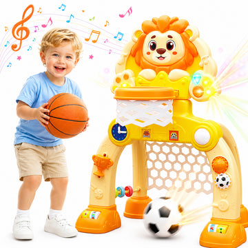 WonderStone 3 in 1 Line Toddler Basketball Hoop & Soccer Goal, Sports Activity Center with 7 Play Modes & Music, 7-Level Adjustable Height, Learning Toy for 1–3-Year-Old Boys and Girls