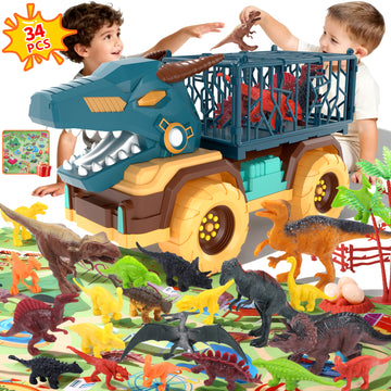WonderStone 34-in-1 Dinosaur Toy Truck, Dino Carrier Car with 23 Dino Figures, Play Mat, Eggs & Trees, Monster Truck Playset for Toddlers and Kids Ages 3-5, Boys & Girls