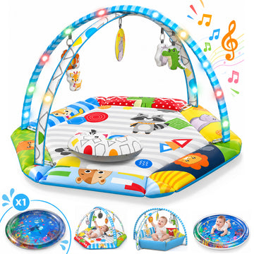 Wonderstone 2 in 1 Baby Play Gym with Round Ocean Water Mat, Infant Activity Play Mat with Light & Music, Tummy Time Play Gym for Newborn 0-12 Months