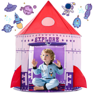 JoyStone Rocket Ship Play Tent for Kids, Astronaut Spaceship Space Themed Pretend Playhouse, Pop Up Tent with Star Lights for Children Indoor and Outdoor Games