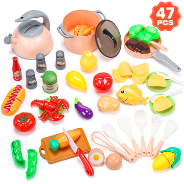 JoyStone Kitchen Cookware for Kids, Toy Kitchen Play Food Set Toddler Kitchen Set with Play Pots Pans, Play Kitchen Gift for Kids Age 3+, Pink