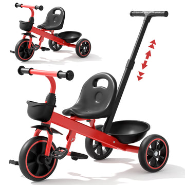 JoyStone 2-in-1 Toddler Tricycle for Ages 1-4 Years, Kids Trike Toddler Bike with Removable Push Handle, Adjustable Seat & Basket, Red