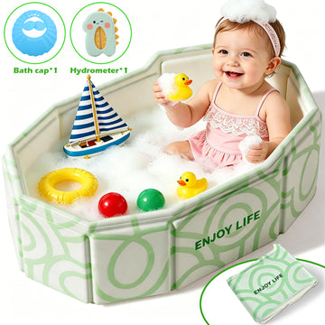 Wonderstone Portable Foldable Bathtub, Collapsible Baby Shower Tub with Drainage Design, Beach Vacation Travel Essentials for 1-3 Kids Toddler (Green+White)