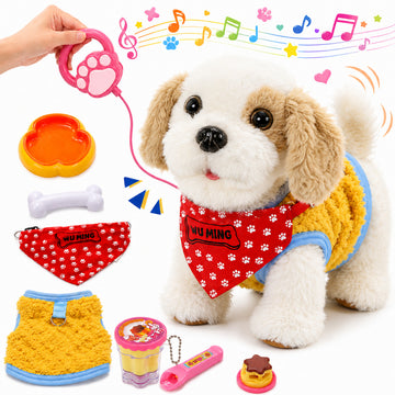 WonderStone Interactive Robot Dog with Leash ，Plush Puppy Toy with Recording & Singing, Walks, Barks, Wags Its Tail, Licks Tongue, Dress-Up Pet, Realistic Gift for Kids 3+，Shih Tzu