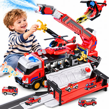 WonderStone Large Fire Truck Toy with Helicopter, Shooting Water, 3-Speed Adjustable Telescopic Arm, with Lights & Sound, 6 Fire Cars & Plane, Birthday Gift for Kids.