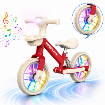 Wonderstone 10" Balance Bike for Kids with Colorful Lights/Music, Adjustable Seat Ride-On Toy with 2 Silent Wheels, Outdoor Toddler Training Bike for Boys and Girls Aged 2–6, Red