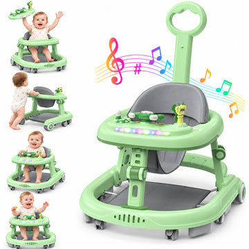 WonderStone Baby Walker with Steering Wheel, Adjustable Seat and Height, Walkers with Music & Light, Activity Center for Boys and Girls 6-24 Months (Green)