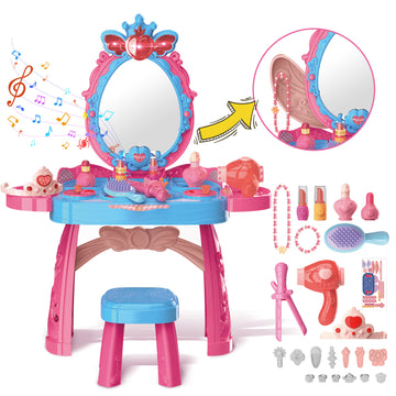 JoyStone Toddler Vanity Makeup Table with Mirror and Chair, Sound and Light Mirror and Beauty Accessories, Girls Vanity for Toddlers 3-5 Years Old, Blue