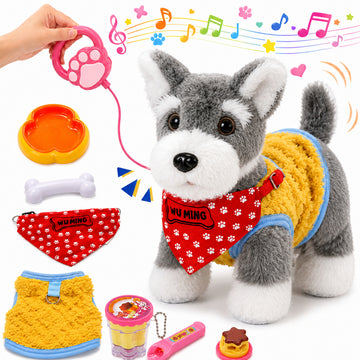 WonderStone Interactive Robot Dog with Leash ，Plush Puppy Toy with Recording & Singing, Walks, Barks, Wags Its Tail, Licks Tongue, Dress-Up Pet, Realistic Gift for Kids 3+，Schnauzer