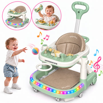 WonderStone 7-in-1 Baby Walker, Foldable Baby Activity Center with Mini Basketball Hoop, Music & Lights, Baby Bouncer Jumper Learning Toy for Boys and Girls Ages 6–12 Months (Green)