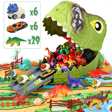 JoyStone Dinosaur Toys for Kids, 77PCS Dinosaur Carrier Track Toys, Realistic Dino Figures Set with Eggs&Trees&Fence Playset, Great Gift for Toddler Boys & Girls, Light green