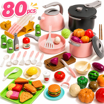 WonderStone 80PCS Play Food Sets for Kids Kitchen, Pretend Play Toys, Play Pots and Pans Sets ,Toys for Toddlers 3-5,Pink