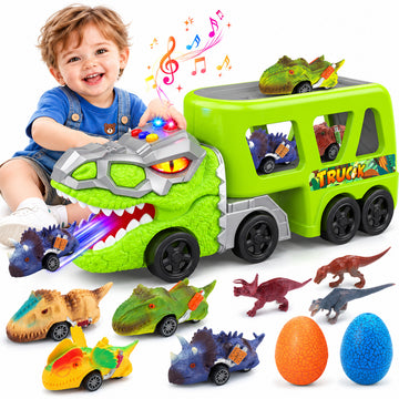 WonderStone Dinosaur Cage Carrier Truck, Transport Vehicle with Light & Music, Pull-Back Dino Cars for Boys and Girls Ages 3-7
