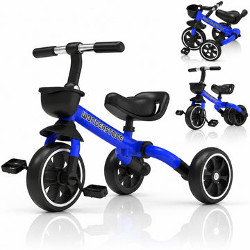 WonderStone 4-in-1 Toddler Balance Bike, Foldable Tricycle with Removable Pedals & Front Basket, Indoor & Outdoor Training Bike, Perfect Gift for 1–3 Year Old Boys & Girls, Blue