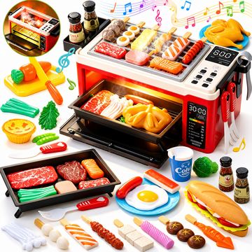 WonderStone 2-in-1 Microwave & BBQ Grill Kitchen Play Set, 47PCS Pretend Play Toy with Smoke, Lights & Sounds, Food & Pan Accessories, Cooking Toys for Toddlers Ages 3-6, Red