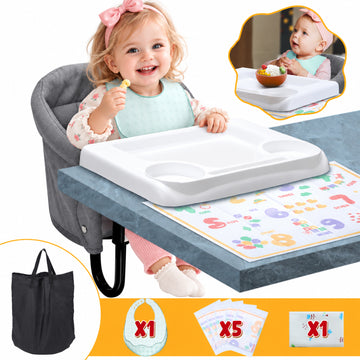 WonderStone Hook On Chair, Portable High Chair with Tray, Storage Bag & Free Accessories, Clip-On Table Chair for Baby and Toddler, Ideal for Home and Travel, Gray