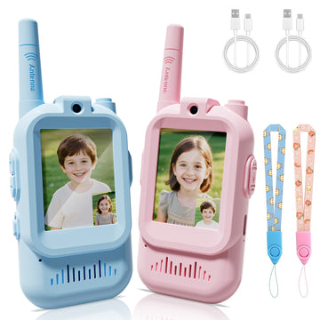 JoyStone 2 Pack Rechargeable Walkie Talkies for Kids with Camera, Voice Changer, Lanyards & USB Cable, Indoor Outdoor Camping Toys Christmas Birthday Gifts for Boys Girls Ages 3-12 (Blue/Pink)