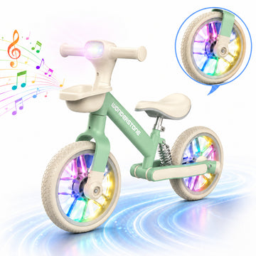 Wonderstone 10" Balance Bike for Kids with Colorful Lights/Music, Adjustable Seat Ride-On Toy with 2 Silent Wheels, Outdoor Toddler Training Bike for Boys and Girls Aged 2–6, Green