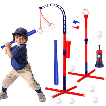 JoyStone 4-in-1 Baseball Set for Kids, Tee Ball Stand, Hanging Tee, Ball Launcher, Golf Clubs with 8pcs Training Golf Balls & Clubs Equipment, Indoor/Outdoor Sports Gifts for Boys, Pink