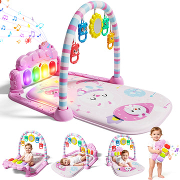 WondertStone Baby Gym Play Mat, Tummy Time Mat with Music & Light, Play Piano Activity Mat for Floor, Newborn Toys for 0-12 Months, Pink