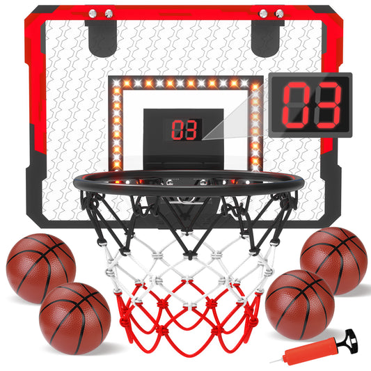 LED Indoor Mini Basketball Hoop for Kids with Electronic Scoreboard, Wall Mount Basketball Hoop Toy with Foldable Rim, Birthday Gift for 5-13 Year Old Boys, Red
