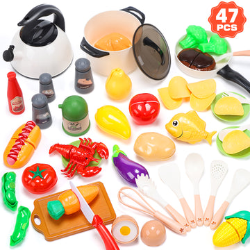 JoyStone Kitchen Cookware for Kids, Toy Kitchen Play Food Set Toddler Kitchen Set with Play Pots Pans, Play Kitchen Gift for Kids Age 3+, White