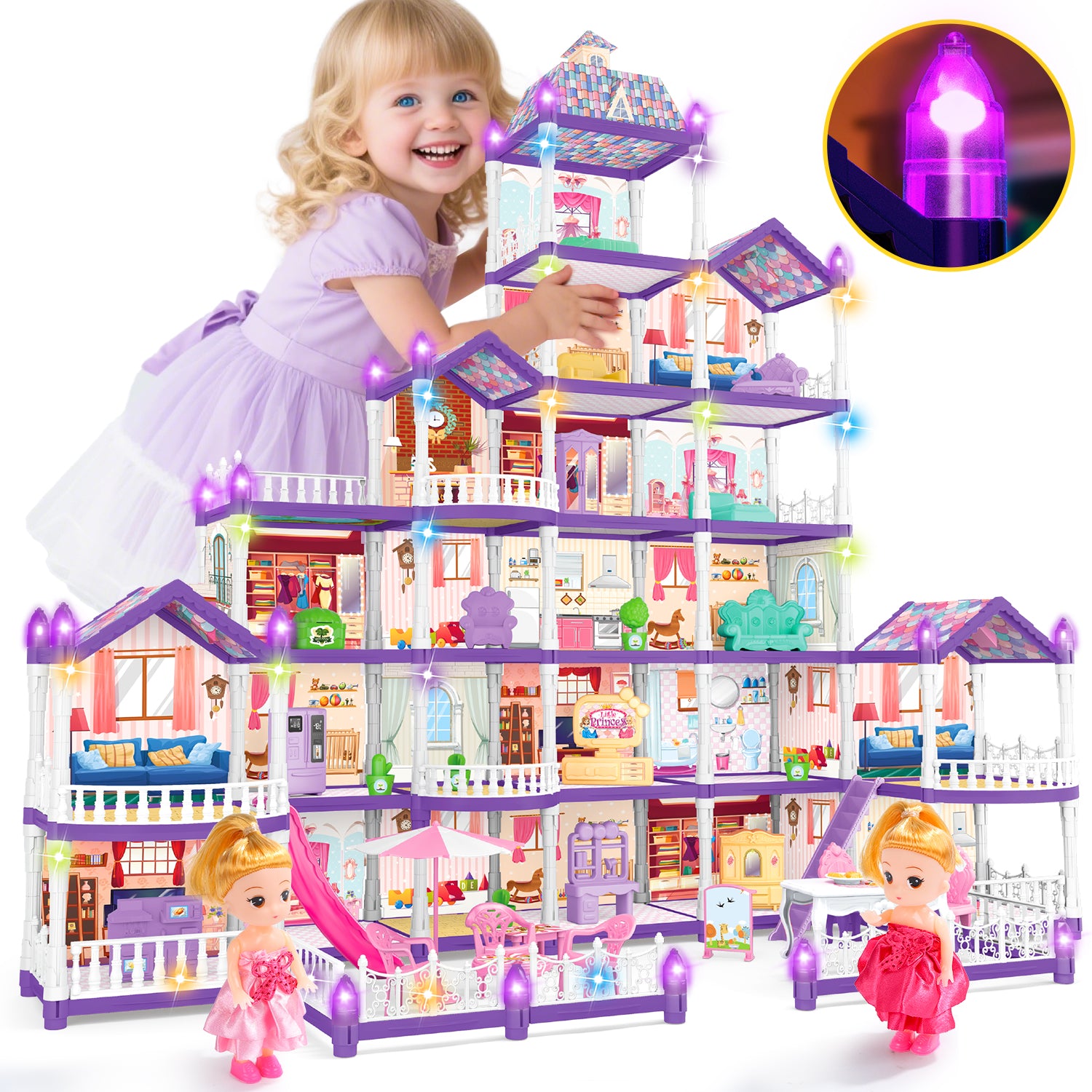 JoyStone DollHouse with Colorful Light, Pretend Play Toddler Doll House Furniture Sets with 2 Dolls, 22 Rooms DIY house, Creative Gift for Girls, Purple