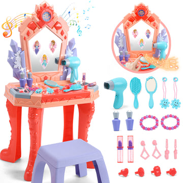 JoyStone Toddler Makeup Table with Mirror and Chair, Kids Makeup Vanity Set with Accessories and Lights and Music Sounds, Makeup Accessories & Blowdryer for Toddlers 3+ Years Old