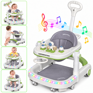 WonderStone 7-in-1 Baby Walker, Foldable Baby Activity Center with Mini Basketball Hoop, Music & Lights, Baby Bouncer Jumper Learning Toy for Boys and Girls Ages 6–12 Months (Green)