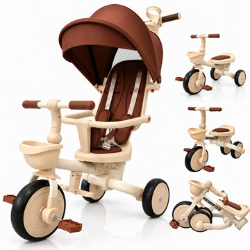 WonderStone 8-in-1 Foldable Stroller, Adjustable Sunshade & Handle with Detachable Backrest, Push Tricycle for Kids 1-4 Years Old, Brown