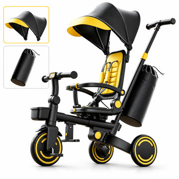 Wonderstone 9 in 1 Foldable Tricycle Stroller for Toddler, Baby Tricycle with Adjustable Canopy, Seat Belt and Storage Basket, Kids Bike for Ages 1-6 Boys & Girls, Bla