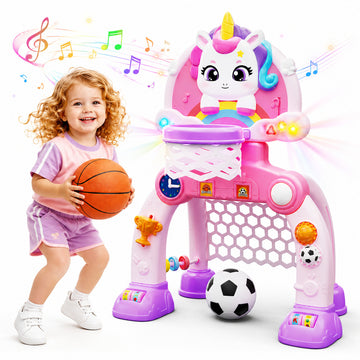 WonderStone 3 in 1 Unicorn Toddler Basketball Hoop & Soccer Goal, Sports Activity Center with 7 Play Modes & Music, 7-Level Adjustable Height, Learning Toy for 1–3-Year-Old Boys and Girls