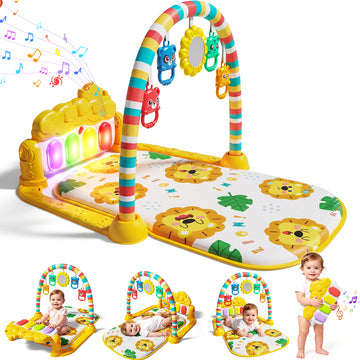 WondertStone Baby Gym Play Mat, Tummy Time Mat with Music & Light, Play Piano Activity Mat for Floor, Newborn Toys for 0-12 Months, Yellow