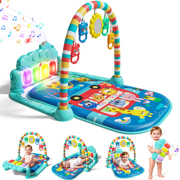 WondertStone Baby Gym Play Mat, Tummy Time Mat with Music & Light, Play Piano Activity Mat for Floor, Newborn Toys for 0-12 Months, Blue