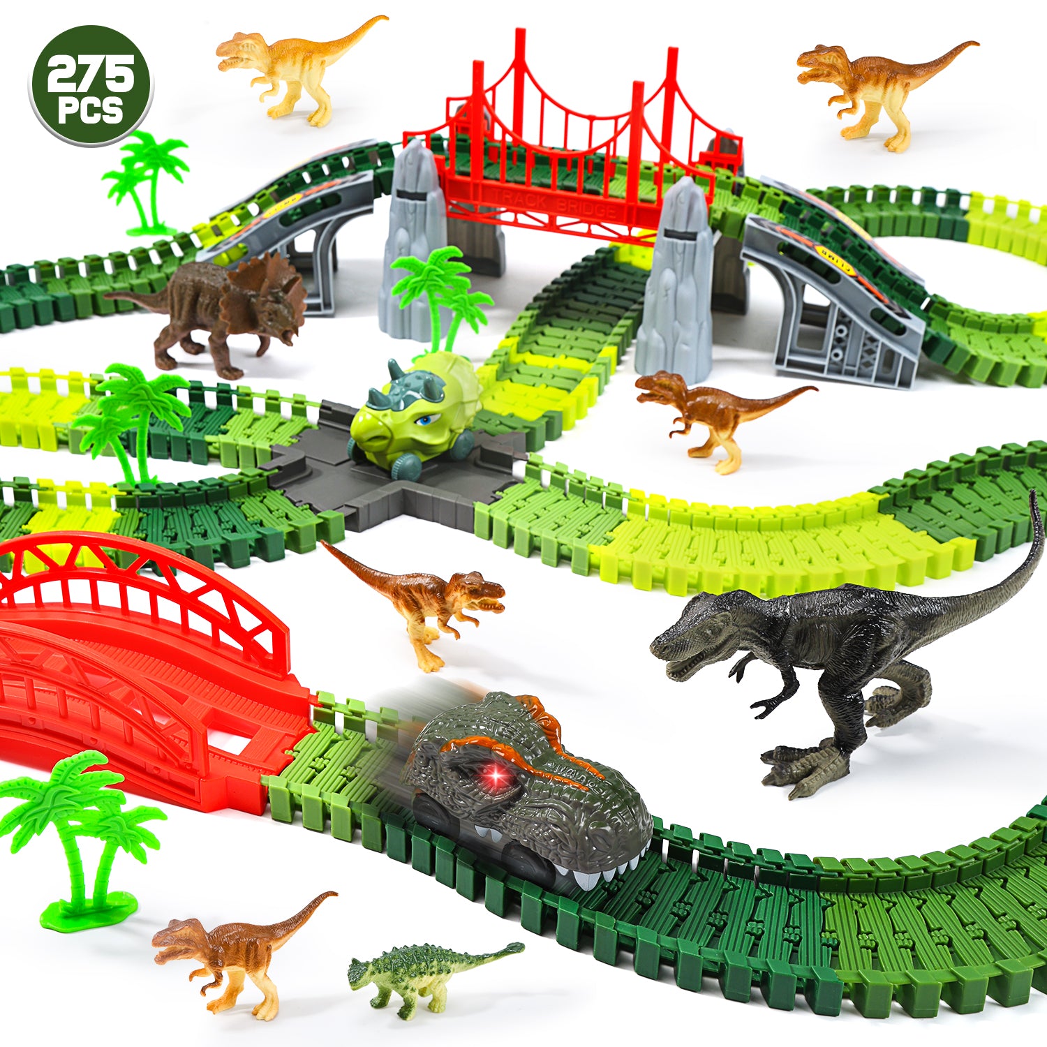 JoyStone 275 PCS Dinosaur World Race Track Toys, Flexible Dinosaur Train Tracks Playset with 2 Dinosaur Cars and 8 Dinosaur Figures, Dinosaur Toys for Boy Girls