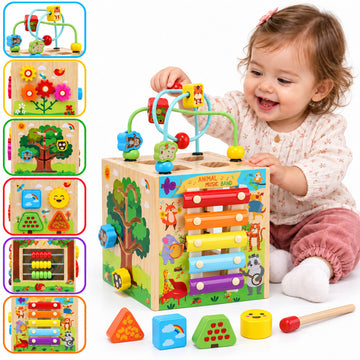 WonderStone 6-in-1 Wooden Activity Cube, Toddler Multi-Sided Educational Play Cube with Bead Maze, Abacus, Tree Slider, Shape Sorter & Xylophone, Montessori Learning Toy for Boys Girls