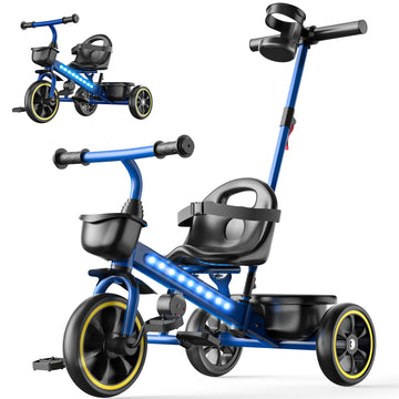 JoyStone 2-in-1 Toddler Tricycle, Kids Trike with Parent Push Handle, LED Lights, Adjustable Seat, Storage Basket, Push Tricycle Bike for 1-4 Year Old Boys and Girls, Blue