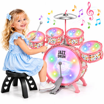 Wonderstone Kids Starter Drum Set with Light, Bass Drum/Tom Drums/Snare/Cymbal/Stool/Drumsticks, Toys for Boys Girls Aged 3-14 Years Old Beginner Birthday Gift, Pink