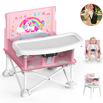 Wonderstone Portable Baby High Chair for Outdoor Travel, Foldable Dining Booster Seat with Detachable Tray & Storage Bag, Secure Safety Harness for Infants Toddlers, Pink