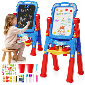 WonderStone Art Easel for Kids, Flippable Sided Magnetic Drawing Board with Storage, Gift for Toddlers Boys Ages 3-5, Blue