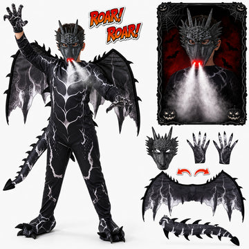 Wonderstone Kids Dragon Costume, Halloween Costume with Sound & Spray, Winged Design, Dragon Mask with LED Light, Dress-Up Costume for Cosplay Party, Suitable for Kids Ages 6–14, Black-L